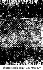 Grunge overlay layer. Abstract black and white vector background. Monochrome vintage surface with dirty pattern in cracks, spots, dots. Old wall in dark horror style design