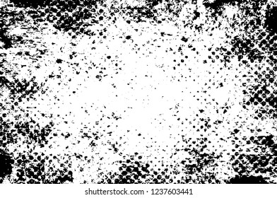 Grunge overlay layer. Abstract black and white vector background. Monochrome vintage surface with dirty pattern in cracks, spots, dots. Old wall in dark horror style design