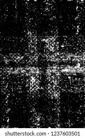 Grunge overlay layer. Abstract black and white vector background. Monochrome vintage surface with dirty pattern in cracks, spots, dots. Old wall in dark horror style design