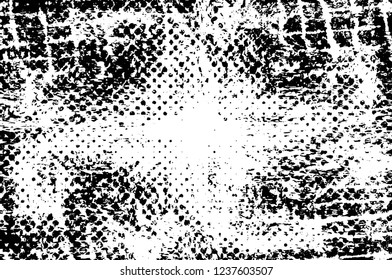 Grunge overlay layer. Abstract black and white vector background. Monochrome vintage surface with dirty pattern in cracks, spots, dots. Old wall in dark horror style design