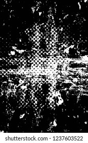 Grunge overlay layer. Abstract black and white vector background. Monochrome vintage surface with dirty pattern in cracks, spots, dots. Old wall in dark horror style design