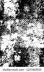 Grunge overlay layer. Abstract black and white vector background. Monochrome vintage surface with dirty pattern in cracks, spots, dots. Old wall in dark horror style design