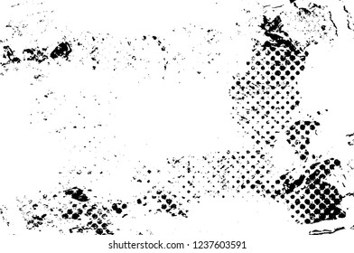 Grunge overlay layer. Abstract black and white vector background. Monochrome vintage surface with dirty pattern in cracks, spots, dots. Old wall in dark horror style design