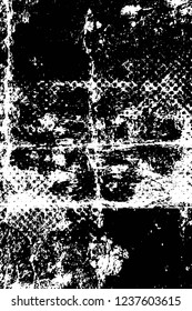 Grunge overlay layer. Abstract black and white vector background. Monochrome vintage surface with dirty pattern in cracks, spots, dots. Old wall in dark horror style design