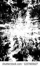 Grunge overlay layer. Abstract black and white vector background. Monochrome vintage surface with dirty pattern in cracks, spots, dots. Old wall in dark horror style design