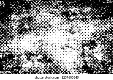 Grunge overlay layer. Abstract black and white vector background. Monochrome vintage surface with dirty pattern in cracks, spots, dots. Old wall in dark horror style design