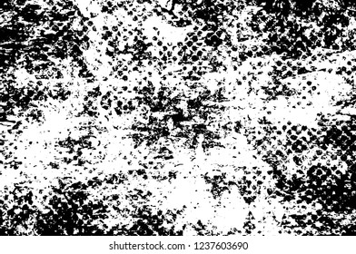 Grunge overlay layer. Abstract black and white vector background. Monochrome vintage surface with dirty pattern in cracks, spots, dots. Old wall in dark horror style design