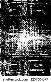 Grunge overlay layer. Abstract black and white vector background. Monochrome vintage surface with dirty pattern in cracks, spots, dots. Old wall in dark horror style design