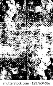 Grunge overlay layer. Abstract black and white vector background. Monochrome vintage surface with dirty pattern in cracks, spots, dots. Old wall in dark horror style design