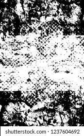 Grunge overlay layer. Abstract black and white vector background. Monochrome vintage surface with dirty pattern in cracks, spots, dots. Old wall in dark horror style design