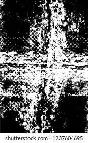 Grunge overlay layer. Abstract black and white vector background. Monochrome vintage surface with dirty pattern in cracks, spots, dots. Old wall in dark horror style design