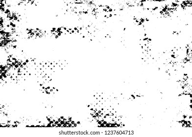 Grunge overlay layer. Abstract black and white vector background. Monochrome vintage surface with dirty pattern in cracks, spots, dots. Old wall in dark horror style design