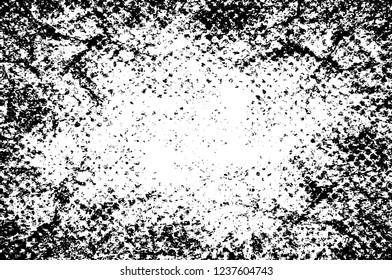 Grunge overlay layer. Abstract black and white vector background. Monochrome vintage surface with dirty pattern in cracks, spots, dots. Old wall in dark horror style design