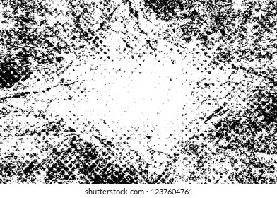 Grunge overlay layer. Abstract black and white vector background. Monochrome vintage surface with dirty pattern in cracks, spots, dots. Old wall in dark horror style design