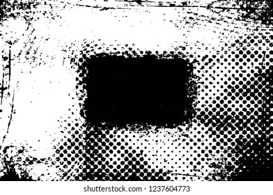 Grunge overlay layer. Abstract black and white vector background. Monochrome vintage surface with dirty pattern in cracks, spots, dots. Old wall in dark horror style design