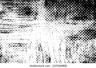 Grunge overlay layer. Abstract black and white vector background. Monochrome vintage surface with dirty pattern in cracks, spots, dots. Old wall in dark horror style design