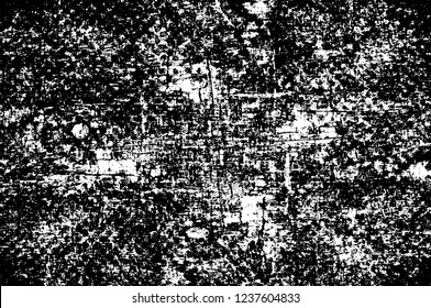 Grunge overlay layer. Abstract black and white vector background. Monochrome vintage surface with dirty pattern in cracks, spots, dots. Old wall in dark horror style design