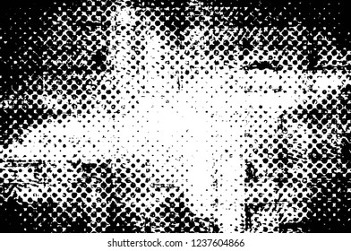 Grunge overlay layer. Abstract black and white vector background. Monochrome vintage surface with dirty pattern in cracks, spots, dots. Old wall in dark horror style design