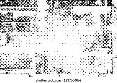 Grunge overlay layer. Abstract black and white vector background. Monochrome vintage surface with dirty pattern in cracks, spots, dots. Old wall in dark horror style design