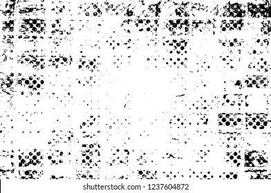 Grunge overlay layer. Abstract black and white vector background. Monochrome vintage surface with dirty pattern in cracks, spots, dots. Old wall in dark horror style design