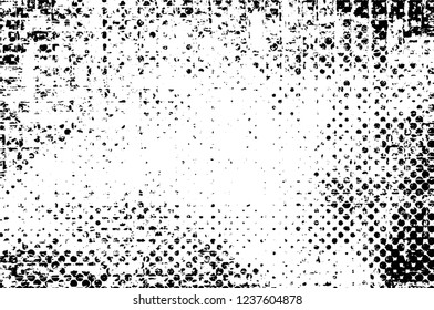 Grunge overlay layer. Abstract black and white vector background. Monochrome vintage surface with dirty pattern in cracks, spots, dots. Old wall in dark horror style design