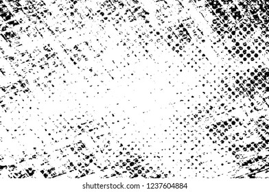 Grunge overlay layer. Abstract black and white vector background. Monochrome vintage surface with dirty pattern in cracks, spots, dots. Old wall in dark horror style design