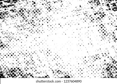 Grunge overlay layer. Abstract black and white vector background. Monochrome vintage surface with dirty pattern in cracks, spots, dots. Old wall in dark horror style design