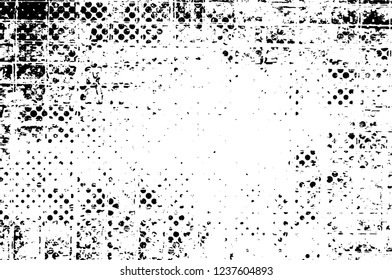 Grunge overlay layer. Abstract black and white vector background. Monochrome vintage surface with dirty pattern in cracks, spots, dots. Old wall in dark horror style design