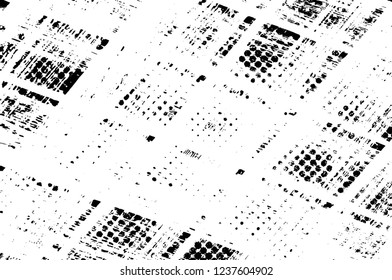 Grunge overlay layer. Abstract black and white vector background. Monochrome vintage surface with dirty pattern in cracks, spots, dots. Old wall in dark horror style design