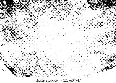 Grunge overlay layer. Abstract black and white vector background. Monochrome vintage surface with dirty pattern in cracks, spots, dots. Old wall in dark horror style design