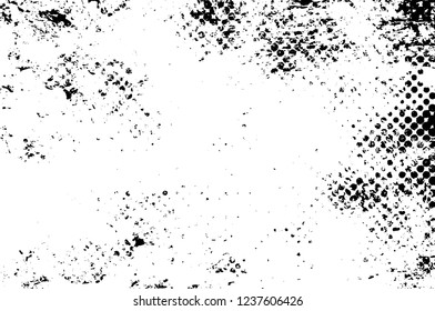 Grunge overlay layer. Abstract black and white vector background. Monochrome vintage surface with dirty pattern in cracks, spots, dots. Old wall in dark horror style design