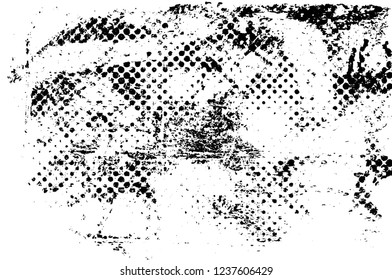Grunge overlay layer. Abstract black and white vector background. Monochrome vintage surface with dirty pattern in cracks, spots, dots. Old wall in dark horror style design