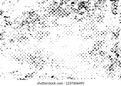 Grunge overlay layer. Abstract black and white vector background. Monochrome vintage surface with dirty pattern in cracks, spots, dots. Old wall in dark horror style design