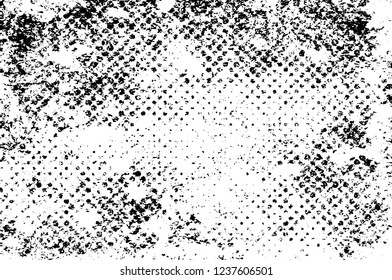 Grunge overlay layer. Abstract black and white vector background. Monochrome vintage surface with dirty pattern in cracks, spots, dots. Old wall in dark horror style design
