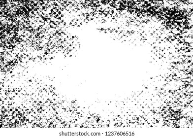 Grunge overlay layer. Abstract black and white vector background. Monochrome vintage surface with dirty pattern in cracks, spots, dots. Old wall in dark horror style design