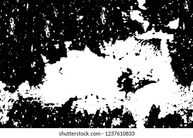 Grunge overlay layer. Abstract black and white vector background. Monochrome vintage surface with dirty pattern in cracks, spots, dots. Old wall in dark horror style design