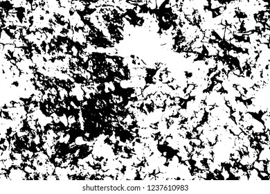 Grunge overlay layer. Abstract black and white vector background. Monochrome vintage surface with dirty pattern in cracks, spots, dots. Old wall in dark horror style design