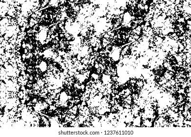 Grunge overlay layer. Abstract black and white vector background. Monochrome vintage surface with dirty pattern in cracks, spots, dots. Old wall in dark horror style design