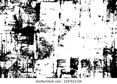 Grunge overlay layer. Abstract black and white vector background. Monochrome vintage surface with dirty pattern in cracks, spots, dots. Old wall in dark horror style design
