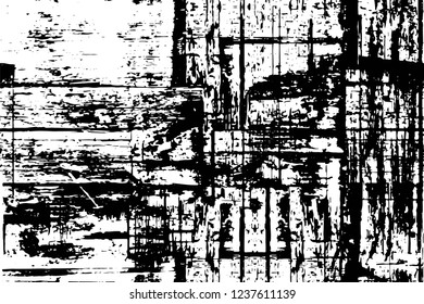 Grunge overlay layer. Abstract black and white vector background. Monochrome vintage surface with dirty pattern in cracks, spots, dots. Old wall in dark horror style design