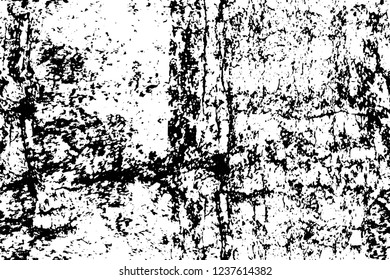 Grunge overlay layer. Abstract black and white vector background. Monochrome vintage surface with dirty pattern in cracks, spots, dots. Old wall in dark horror style design