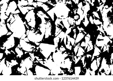 Grunge overlay layer. Abstract black and white vector background. Monochrome vintage surface with dirty pattern in cracks, spots, dots. Old wall in dark horror style design