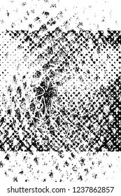 Grunge overlay layer. Abstract black and white vector background. Monochrome vintage surface with dirty pattern in cracks, spots, dots. Old wall in dark horror style design