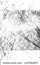 Grunge overlay layer. Abstract black and white vector background. Monochrome vintage surface with dirty pattern in cracks, spots, dots. Old wall in dark horror style design