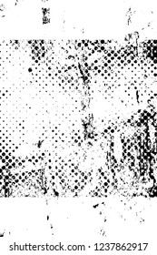 Grunge overlay layer. Abstract black and white vector background. Monochrome vintage surface with dirty pattern in cracks, spots, dots. Old wall in dark horror style design