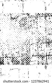 Grunge overlay layer. Abstract black and white vector background. Monochrome vintage surface with dirty pattern in cracks, spots, dots. Old wall in dark horror style design