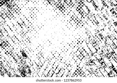Grunge overlay layer. Abstract black and white vector background. Monochrome vintage surface with dirty pattern in cracks, spots, dots. Old wall in dark horror style design