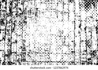 Grunge overlay layer. Abstract black and white vector background. Monochrome vintage surface with dirty pattern in cracks, spots, dots. Old wall in dark horror style design