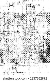Grunge overlay layer. Abstract black and white vector background. Monochrome vintage surface with dirty pattern in cracks, spots, dots. Old wall in dark horror style design