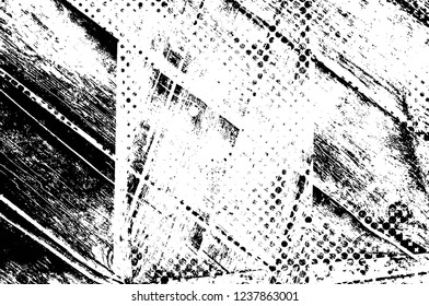 Grunge overlay layer. Abstract black and white vector background. Monochrome vintage surface with dirty pattern in cracks, spots, dots. Old wall in dark horror style design